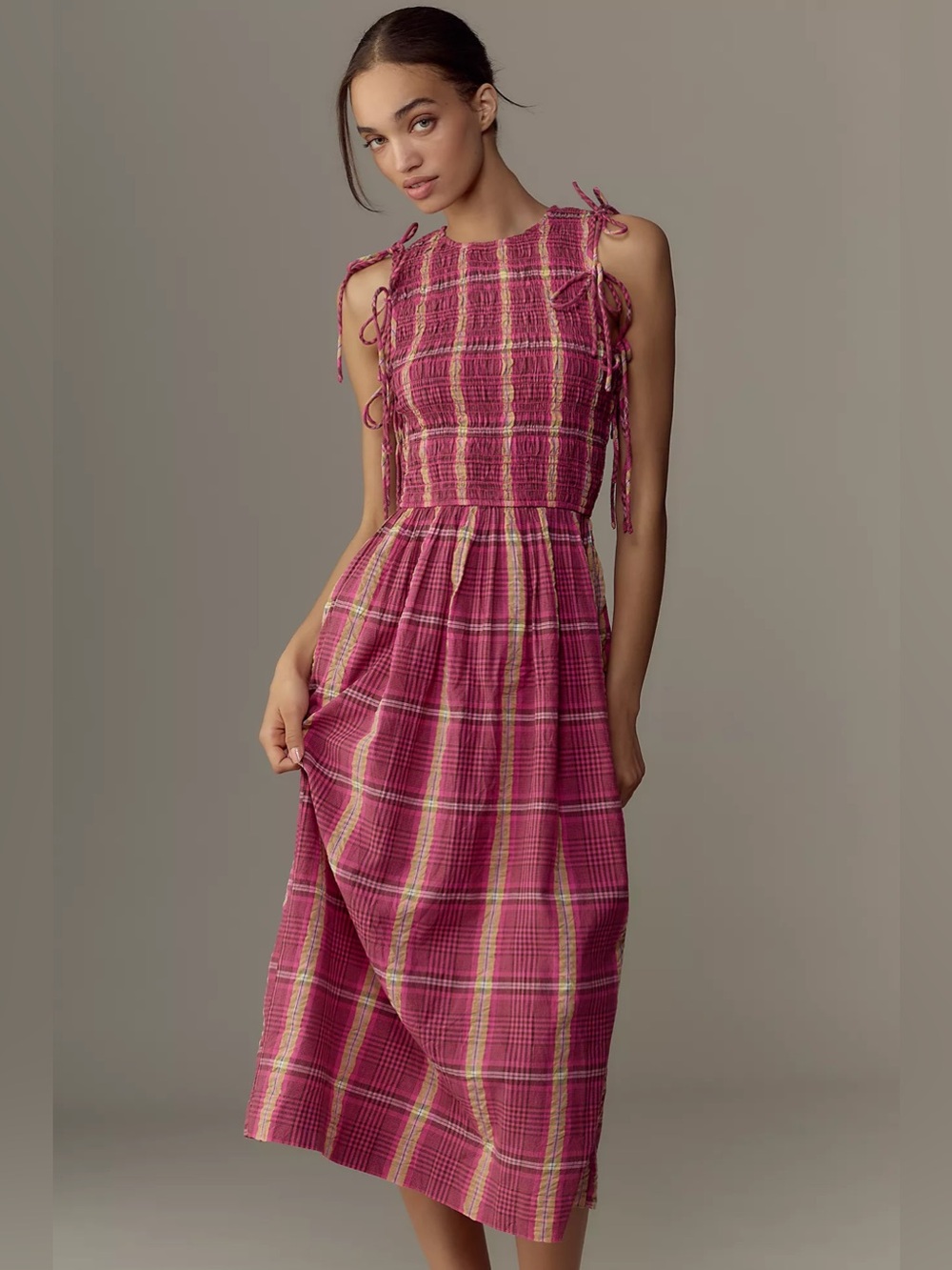 Damson Madder Becca Multi-Way Midi Dress in Pink/Khaki Check | US 12 - Picture 5 of 16